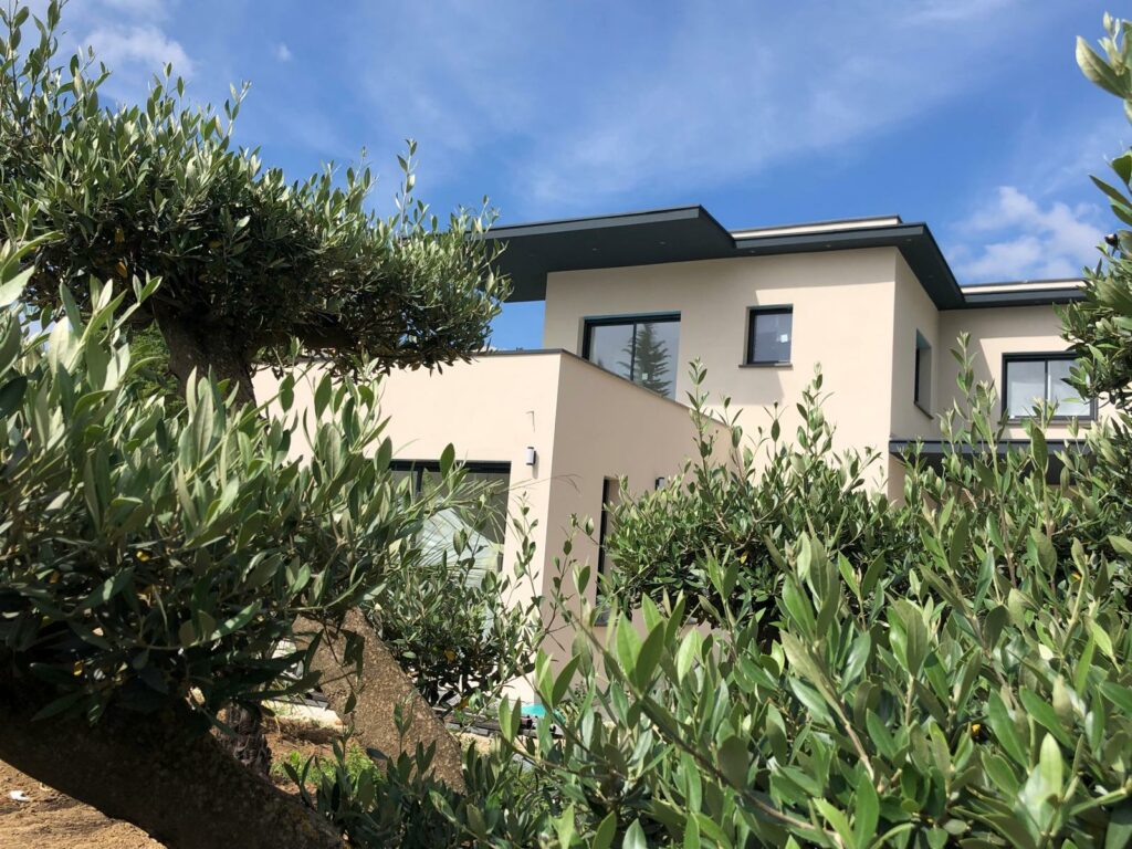 Maison moderne entourée d'oliviers